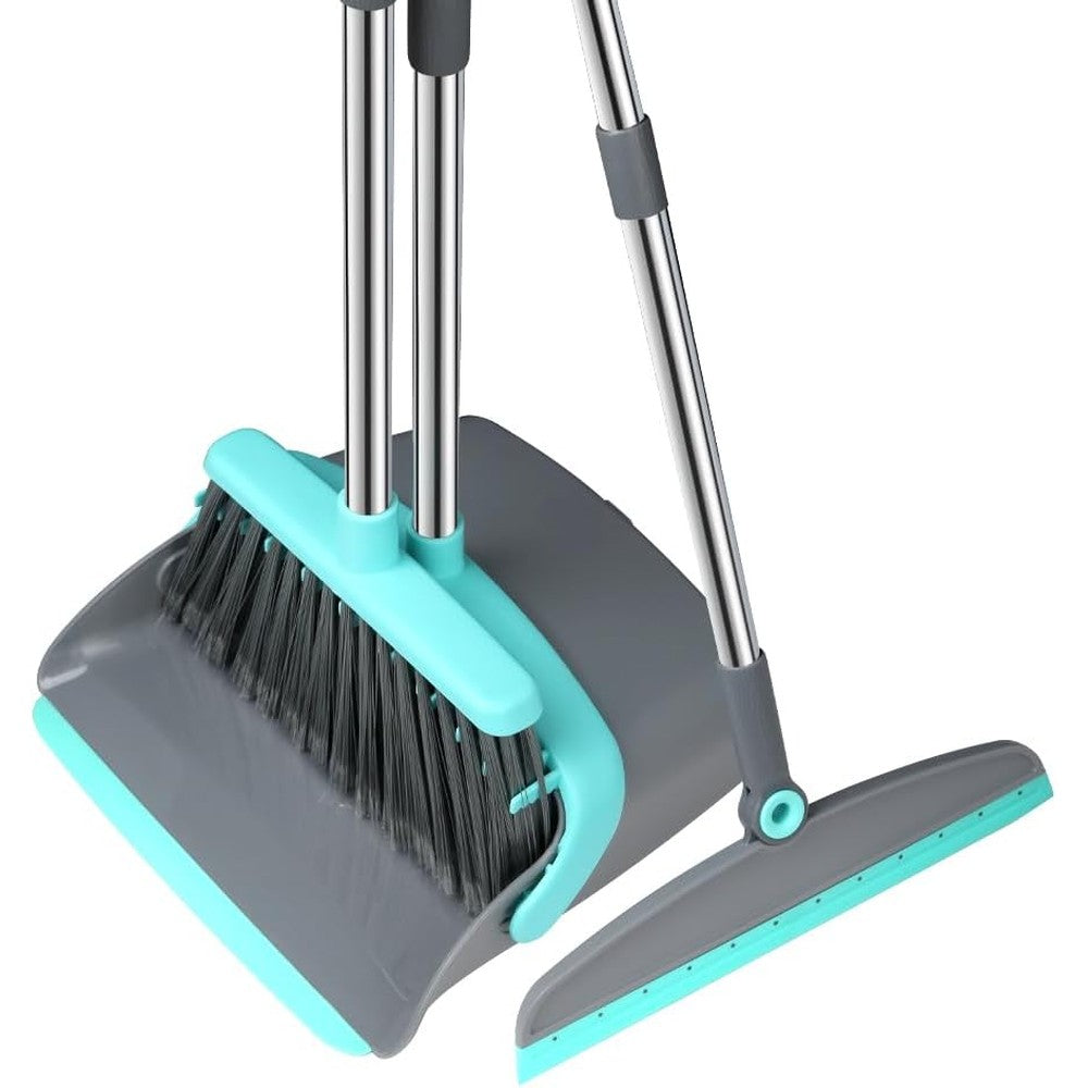 Michao upgrade broom and dustpan set front view showing green and grey cleaning tools.
