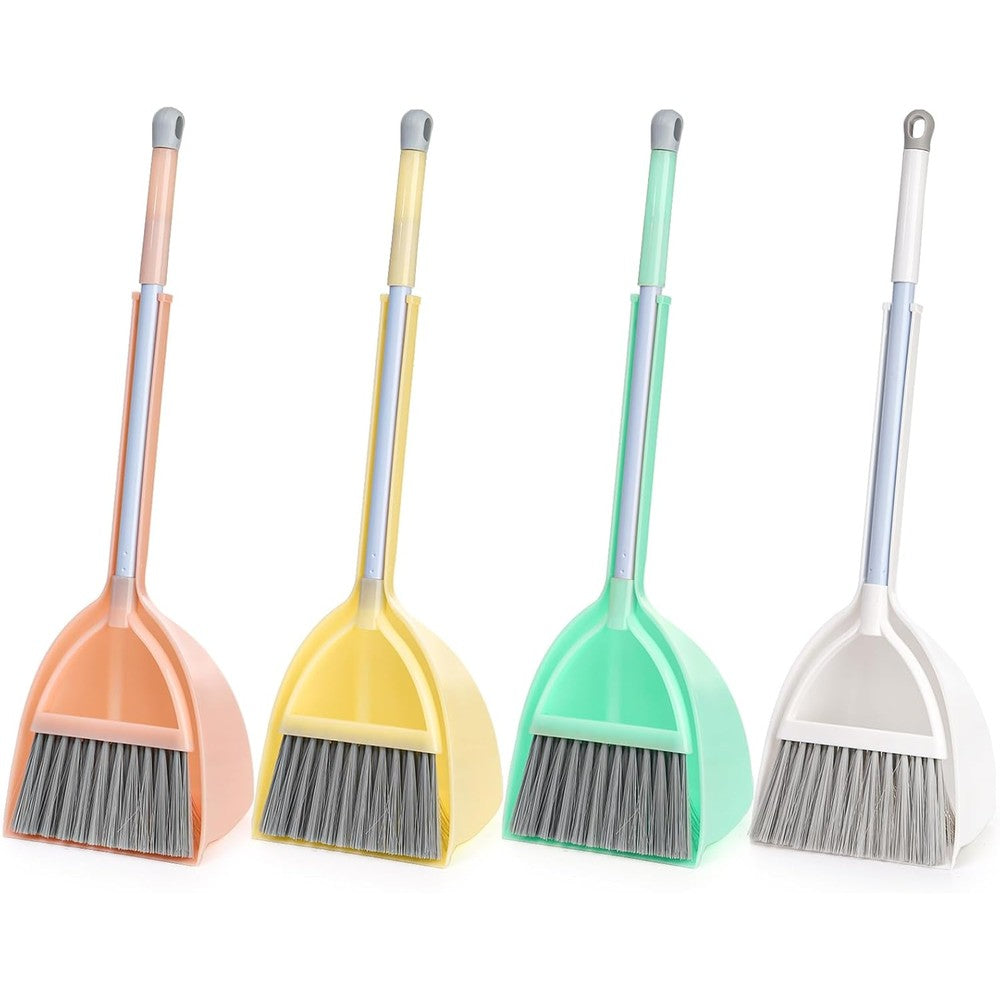 Nicunom kids mini broom and dustpan set front view showing four vibrant colors.