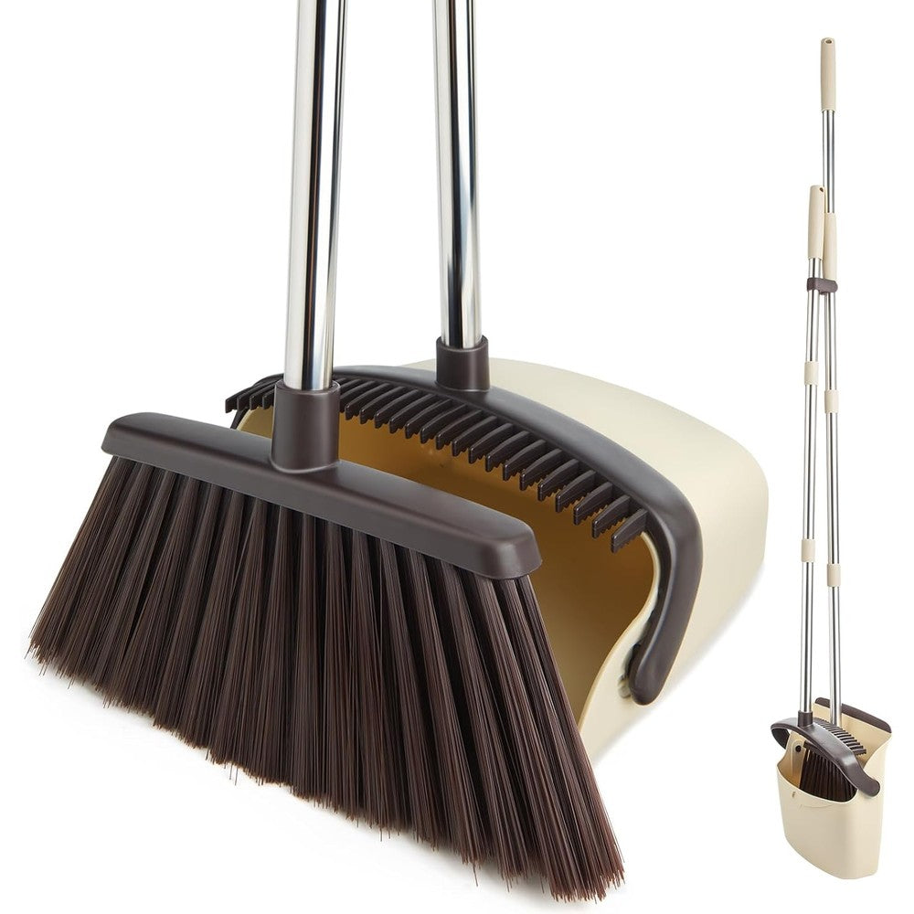 XXFLOWER broom and dustpan set front view standing upright on kitchen tile floor