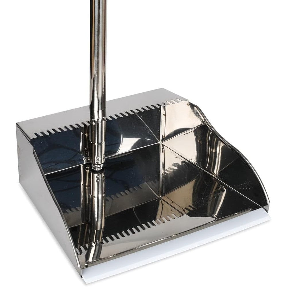 Gloffer stainless steel dustpan with long handle front view standing upright on a kitchen floor.