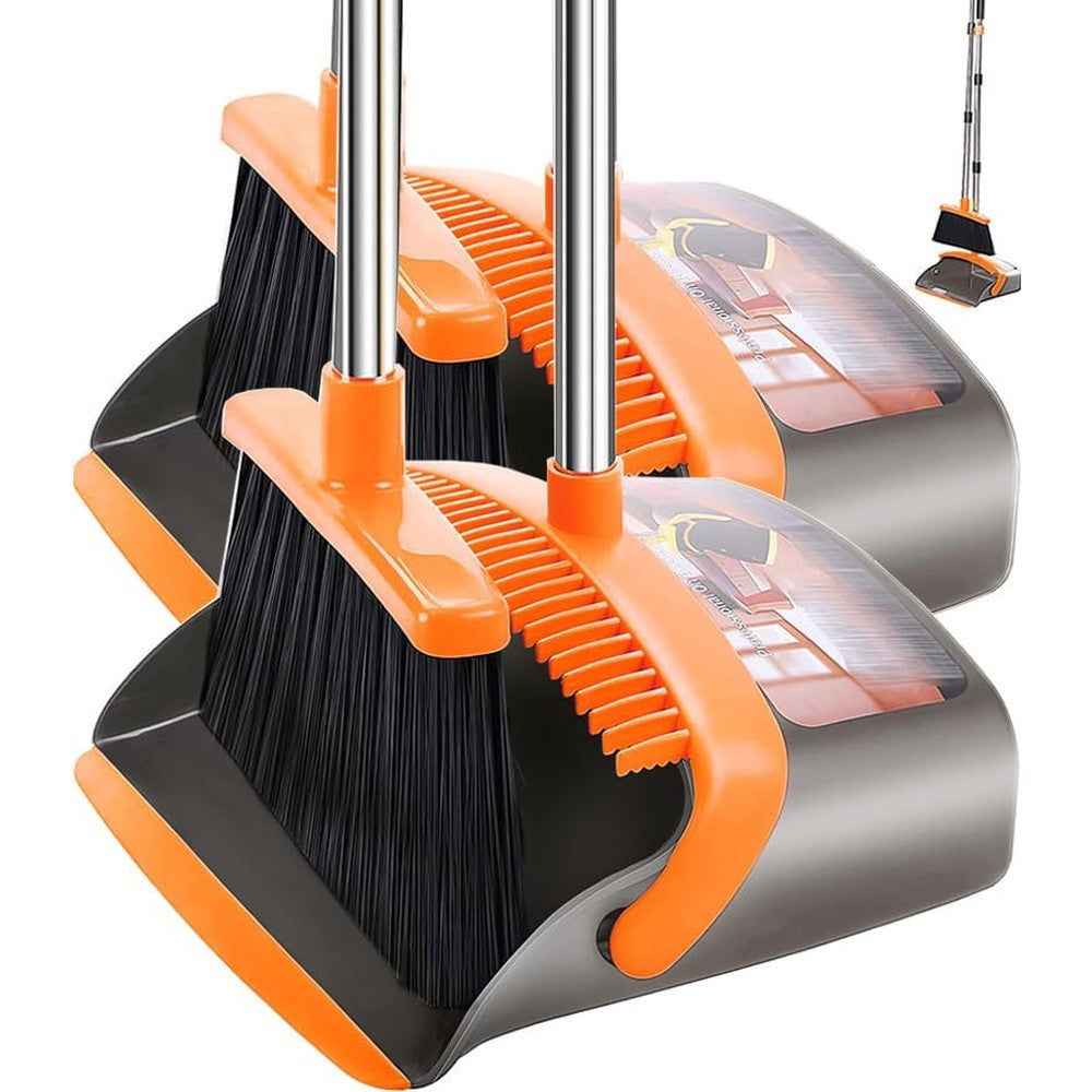 DJDTDTY upgraded broom and dustpan set front view featuring orange accents and long handle.