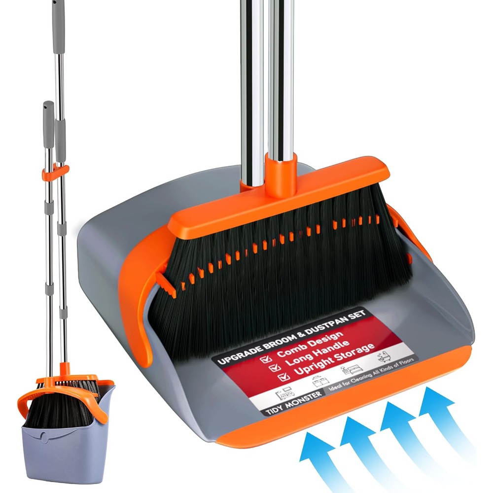 Tidy Monster upgraded broom and dustpan set front view showing orange and gray colors