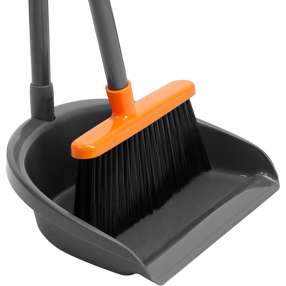 REEWII long handle broom and dustpan combo set front view for home cleaning