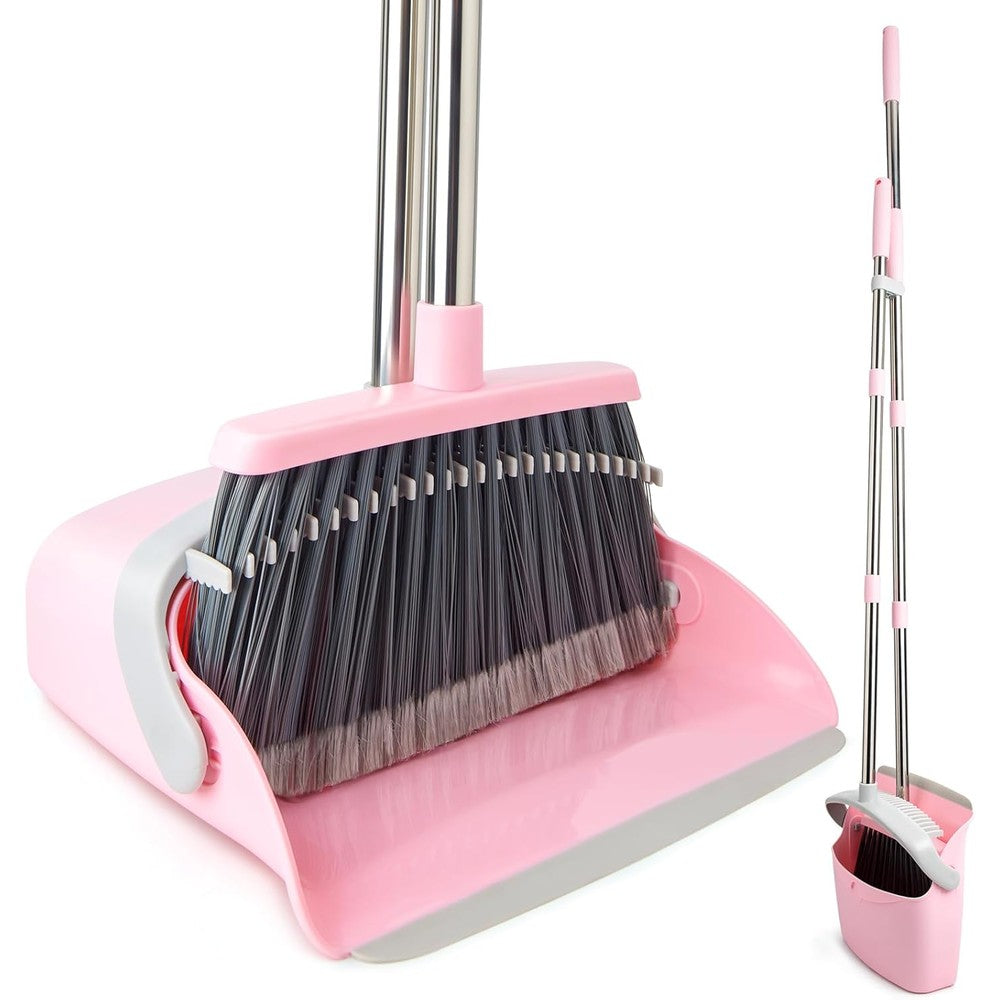 OOOFLOWER broom and dustpan combo set front view standing upright for efficient floor cleaning.
