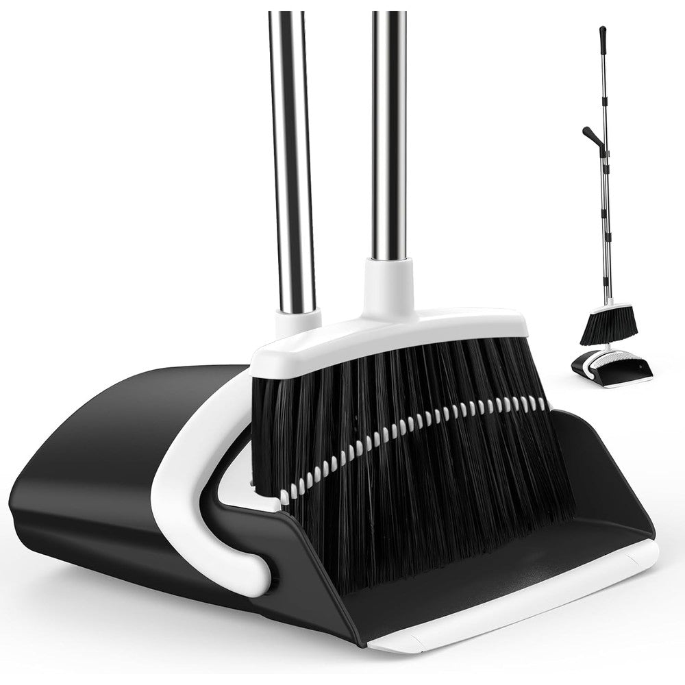 EZKEY broom and dustpan set front view of the complete black and white cleaning combo standing upright