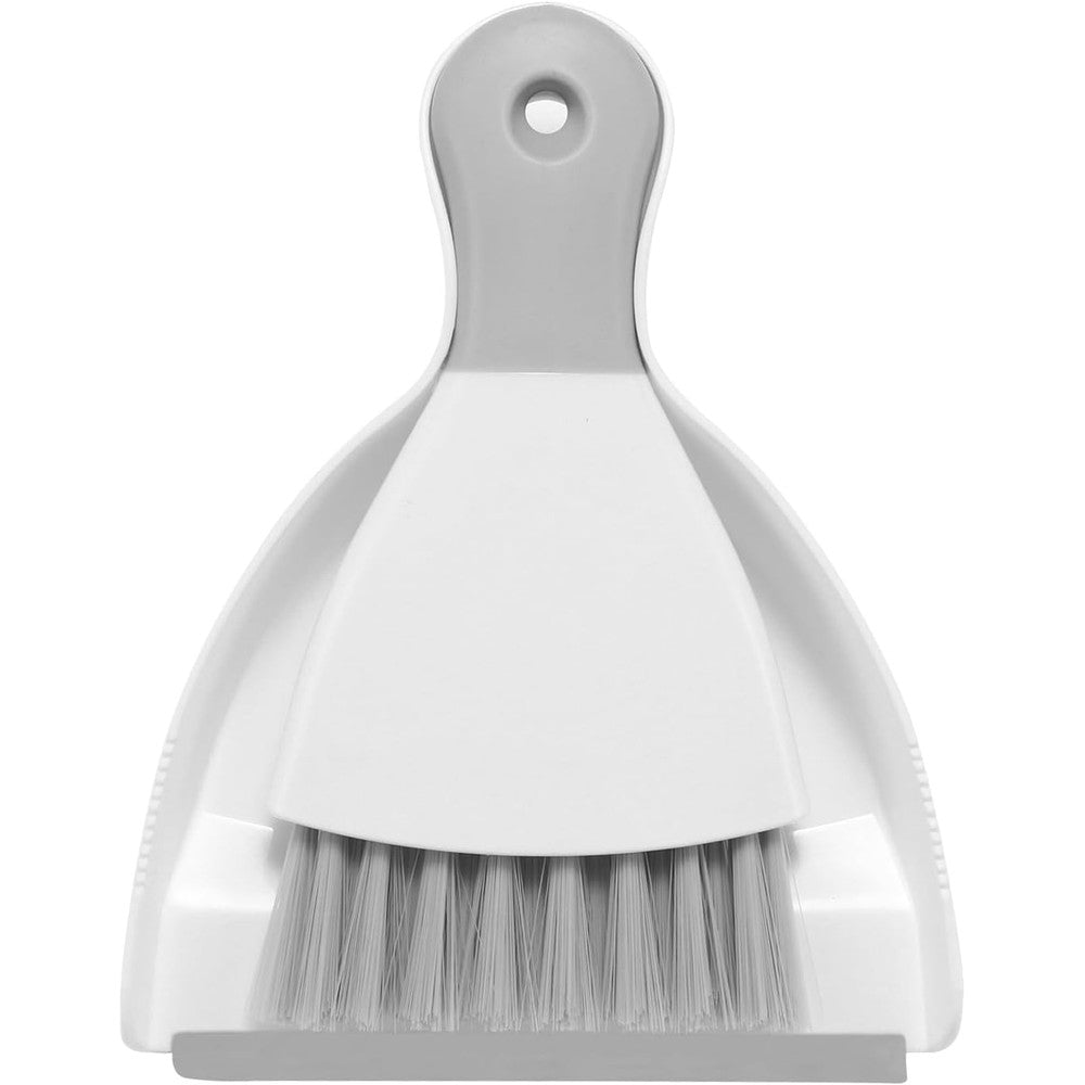 NACENA mini dustpan and brush set front view showing grey and white handheld broom nested inside the dustpan
