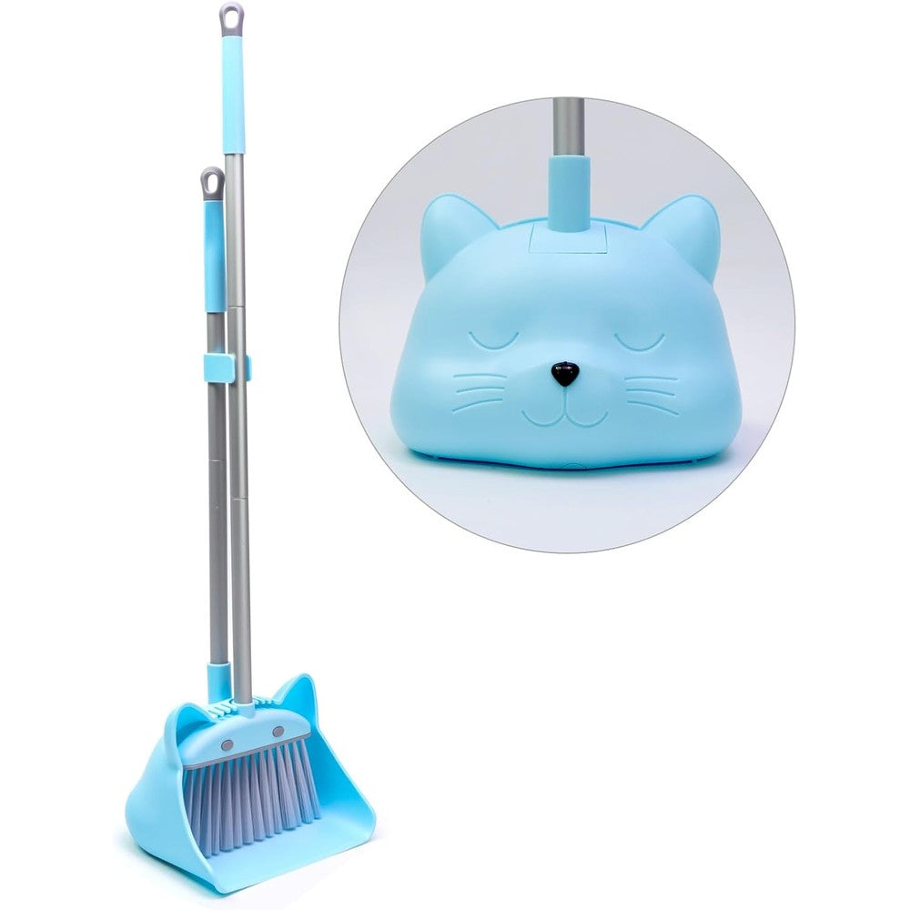 Bluocean kids mini broom and dustpan set front view blue cartoon cat design