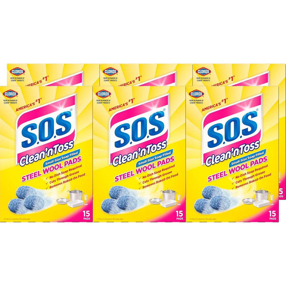 S.O.S Clean 'n Toss Steel Wool Soap Pads front packaging 15 count box.