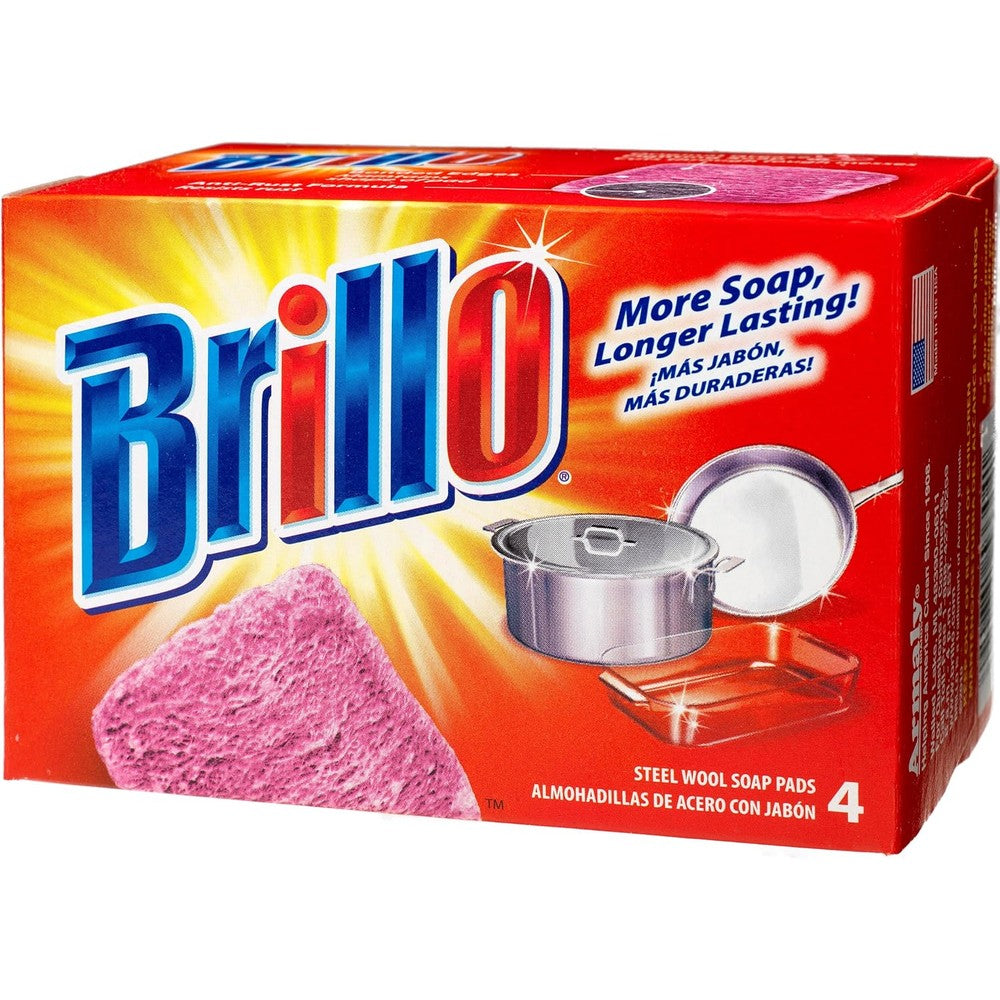 Brillo Steel Wool Soap Pads 4 Count pack front view heavy duty kitchen cleaner