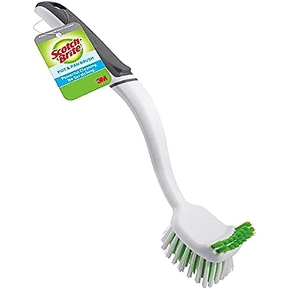 Scotch-Brite Pot Pan and Dish Brush front view showing green and white bristles.