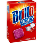 Brillo Singles Steel Wool Soap Pads 15 Count front packaging view for kitchen cleaning.