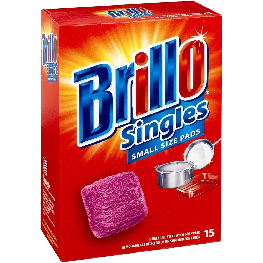 Brillo Singles Steel Wool Soap Pads 15 Count front packaging view for kitchen cleaning.
