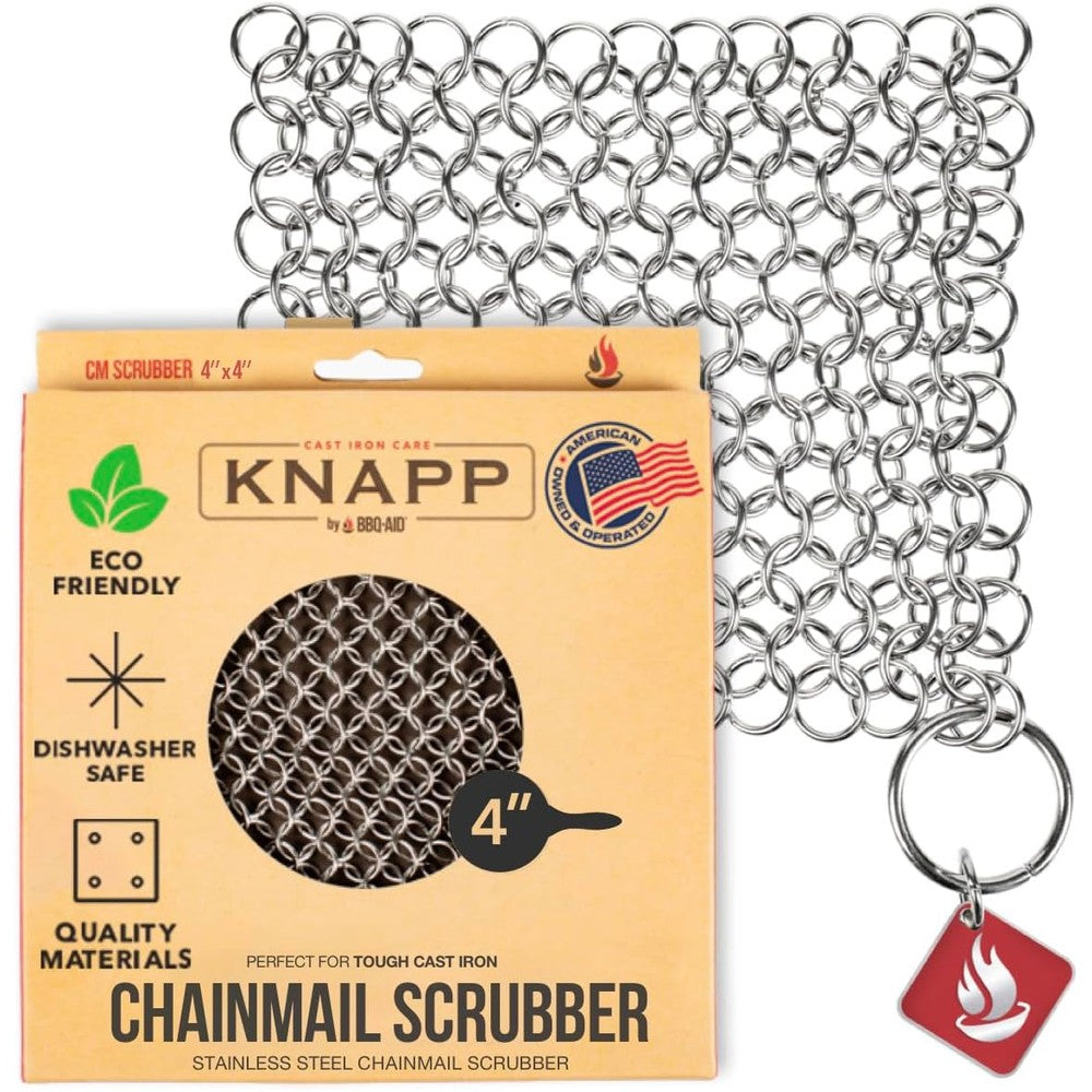 Knapp Made Original Chainmail Scrubber front view professional cast iron cleaner.