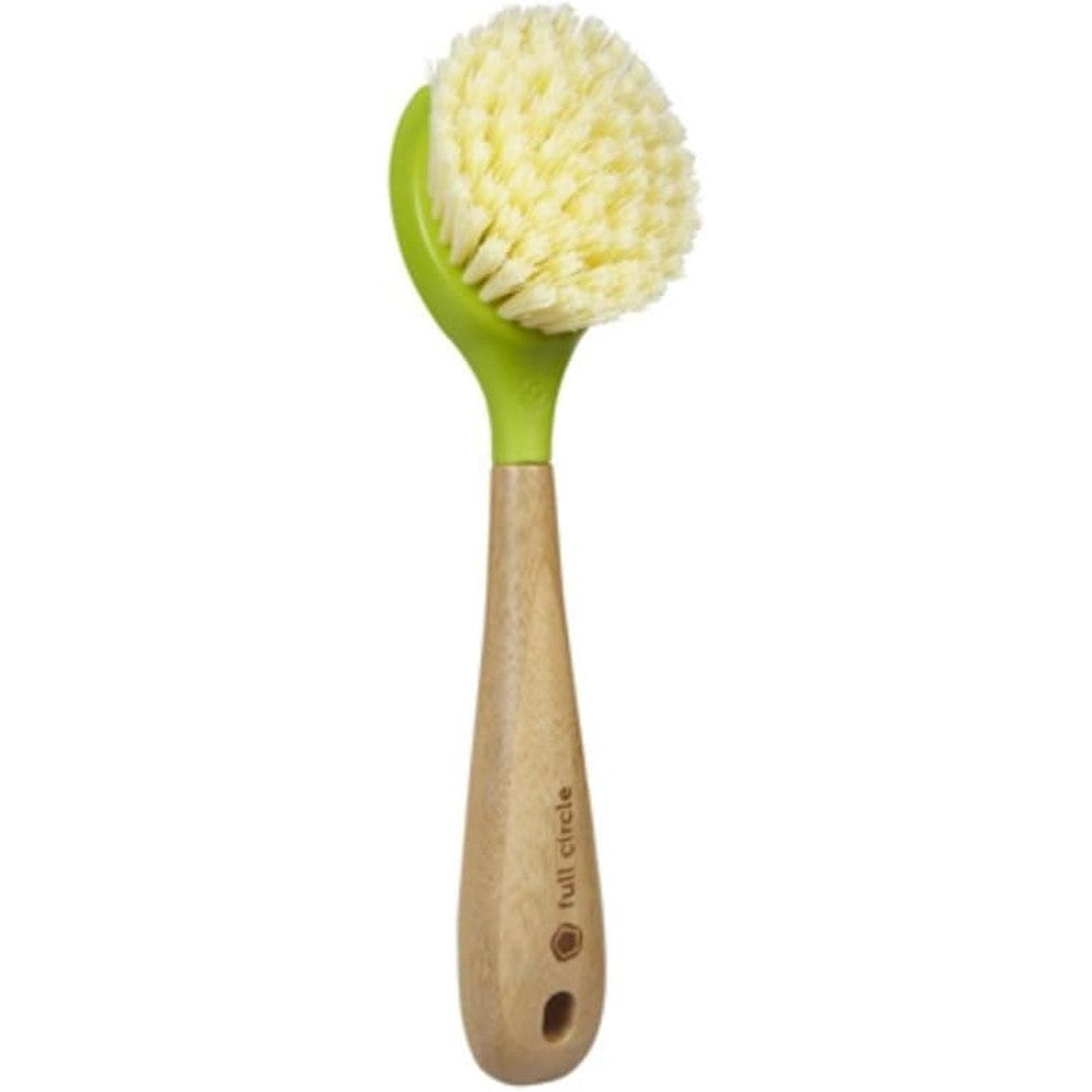 Full Circle Be Good Dish Brush front view featuring bamboo handle and green bristles.