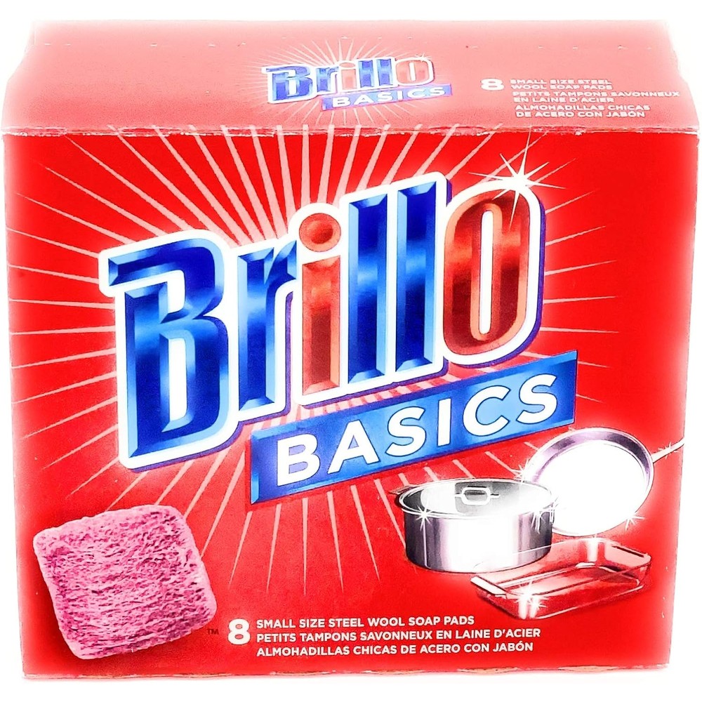 Brillo Basics Steel Wool Soap Scrub Pads 8 Count Box front view for heavy duty cleaning.