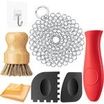 Patelai 7 Piece Cast Iron Cleaner Set front view displaying chainmail scrubber and bamboo brush
