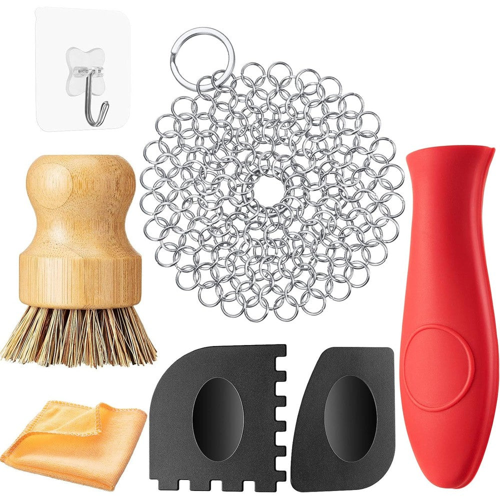 Patelai 7 Piece Cast Iron Cleaner Set front view displaying chainmail scrubber and bamboo brush
