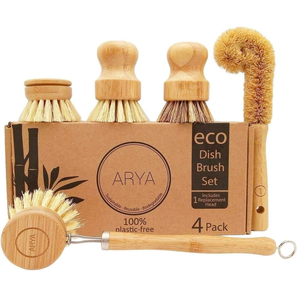 ARYA Wooden Dish Brush Set front view showing five eco-friendly bamboo cleaning tools.