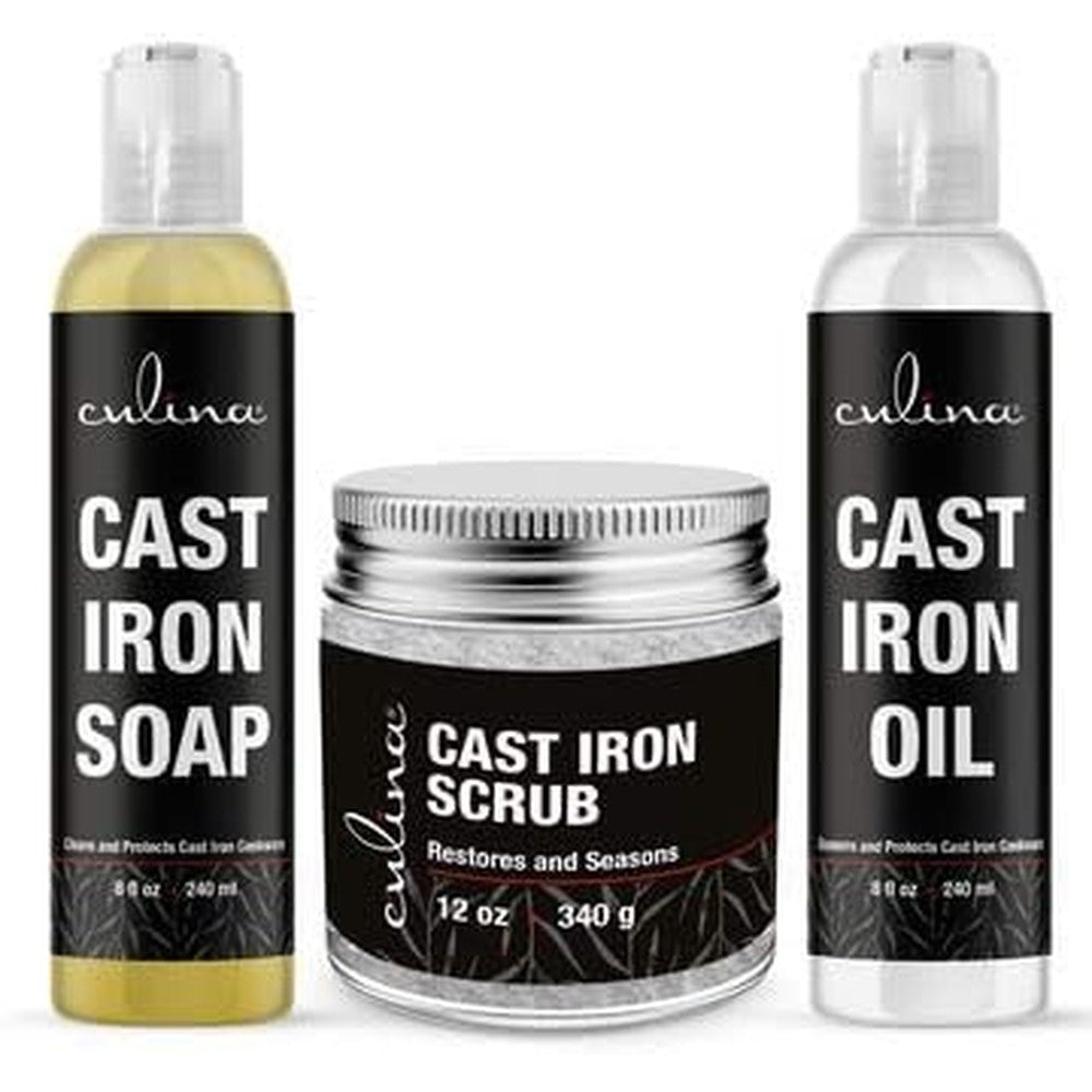 Culina Supreme Cast Iron Care Set front view of scrub soap and oil bottles