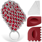 Herda cast iron scrubber kit front view showing red silicone chainmail and scrapers.