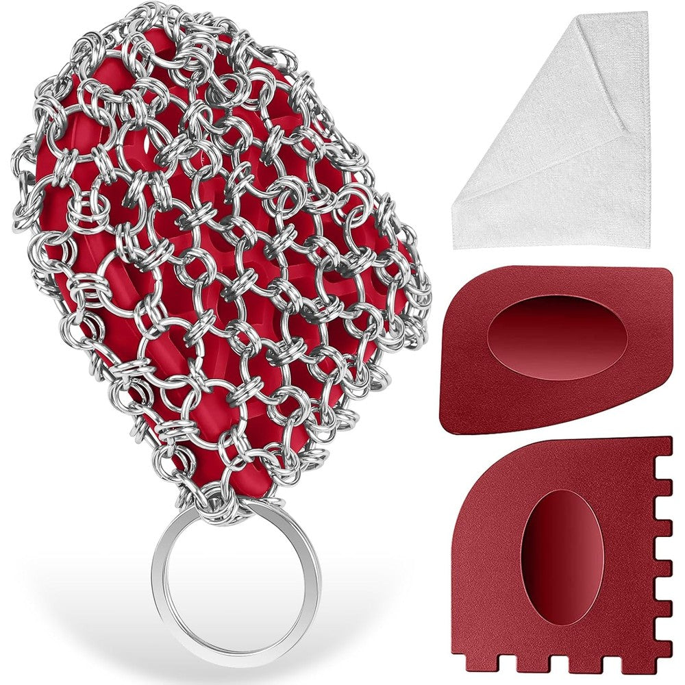 Herda cast iron scrubber kit front view showing red silicone chainmail and scrapers.