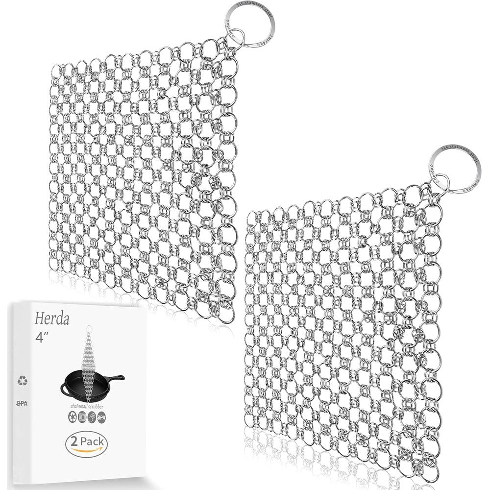 Herda 316 stainless steel chainmail scrubber front view for cast iron cleaning