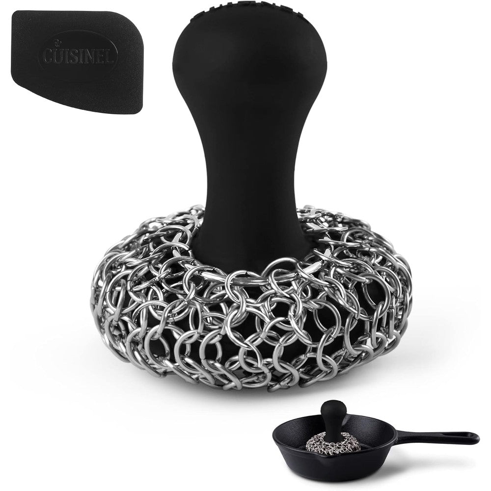 Cuisinel cast iron chainmail scrubber and pan scraper set front view kitchen accessory