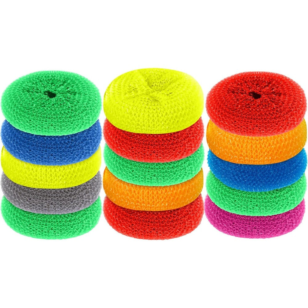 Blulu Plastic Dish Scrubbers 15 pack front view colorful nylon pads.