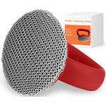 Herda cast iron cleaner scrubber front view with red silicone handle.