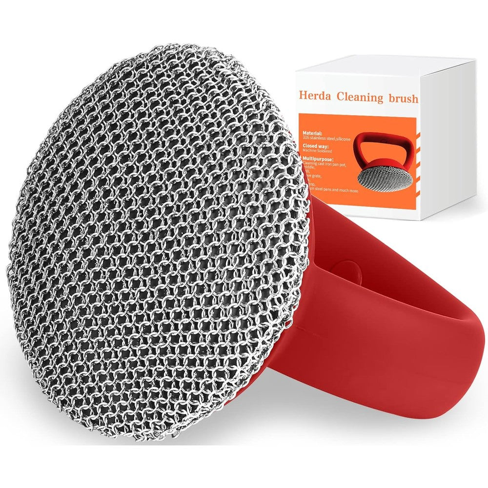 Herda cast iron cleaner scrubber front view with red silicone handle.