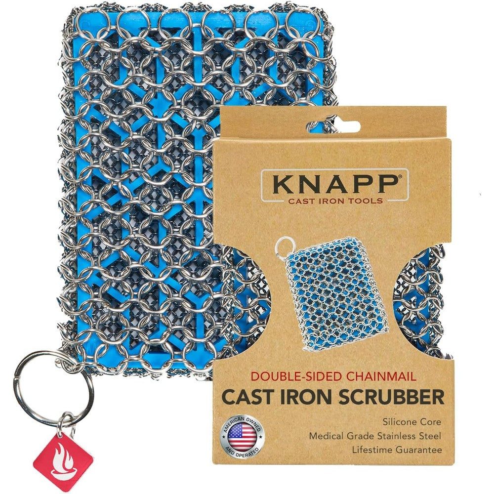 CM Scrubber Knapp Made combo chainmail scrubber front view featuring blue silicone core.