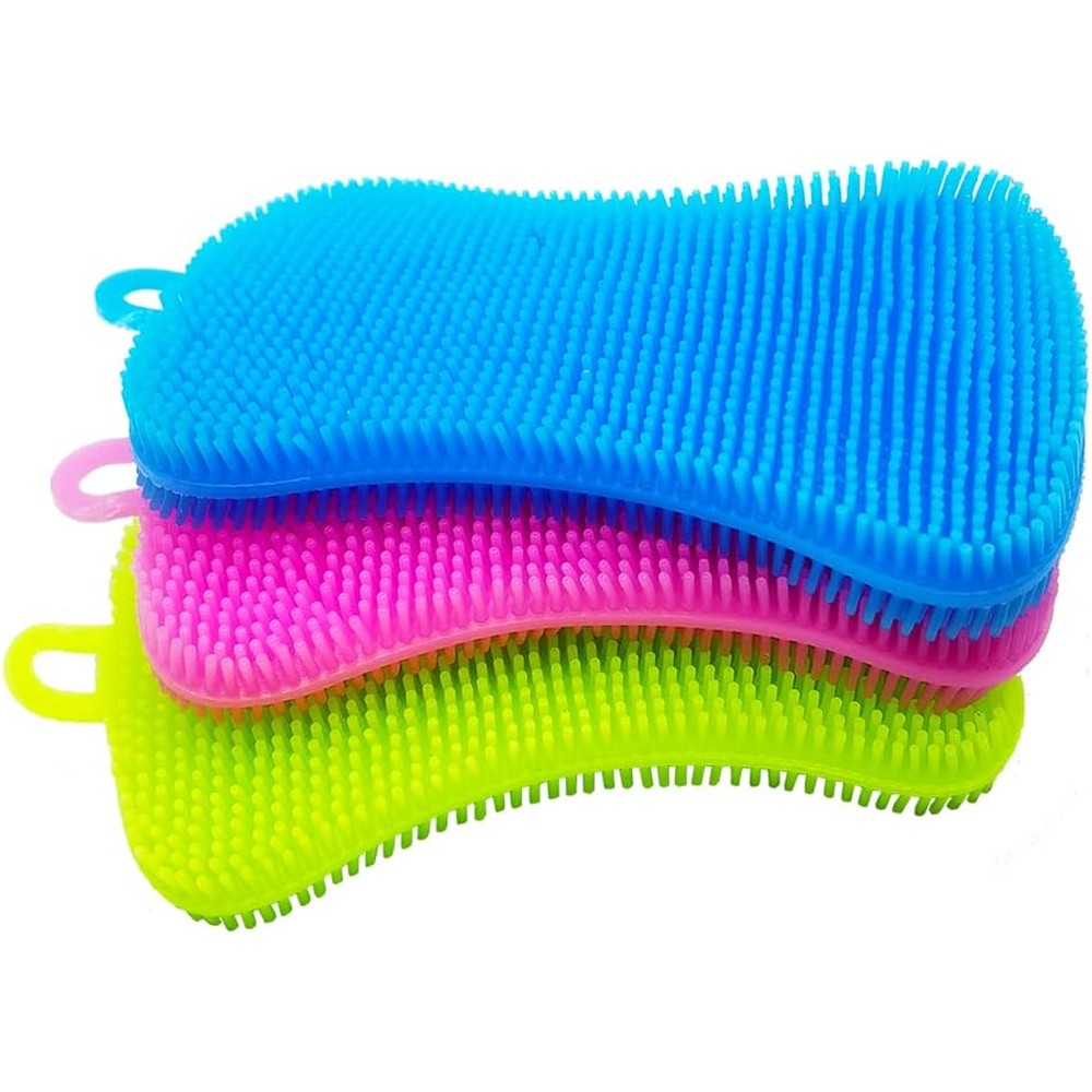 Mandalahuang silicone dish scrubber 3 pack front view blue green and red