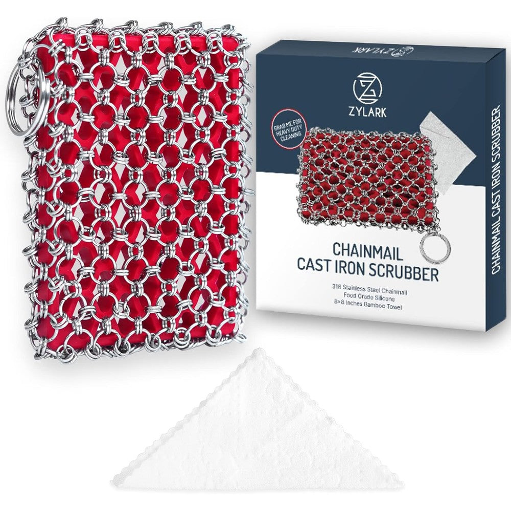 Zylark cast iron scrubber chainmail with red silicone insert front view showing premium packaging