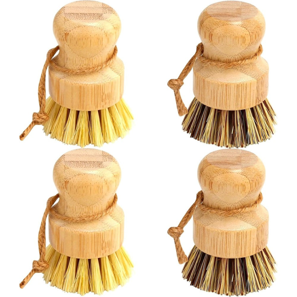 Aisuly Bamboo Dish Brush Set front view of four piece eco-friendly kitchen scrubbers.