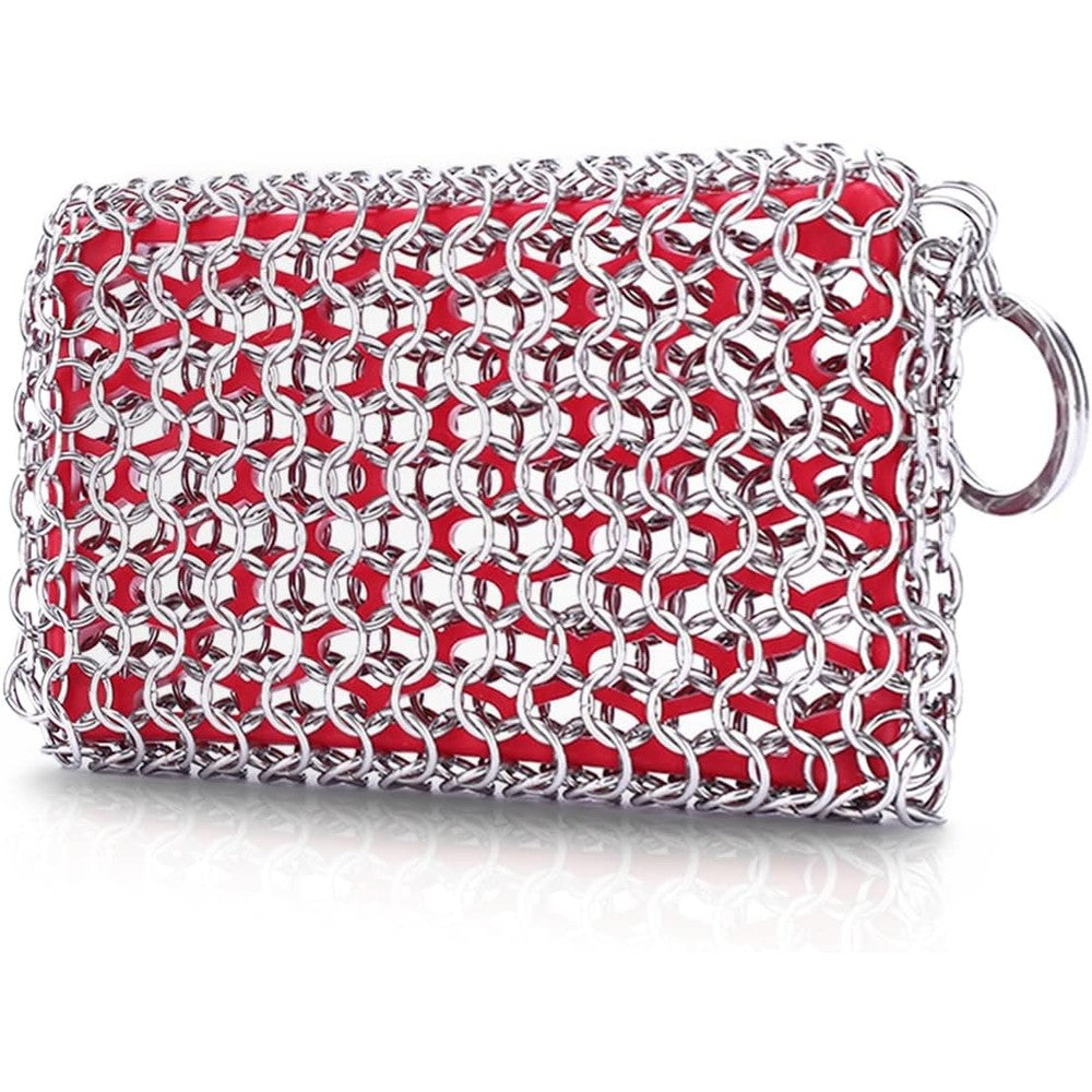 FORTATO Cast Iron Scrubber front view showing stainless steel rings and red silicone insert.
