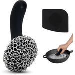 TMEDW Cast Iron Scrubber front view with long handle and chainmail mesh.