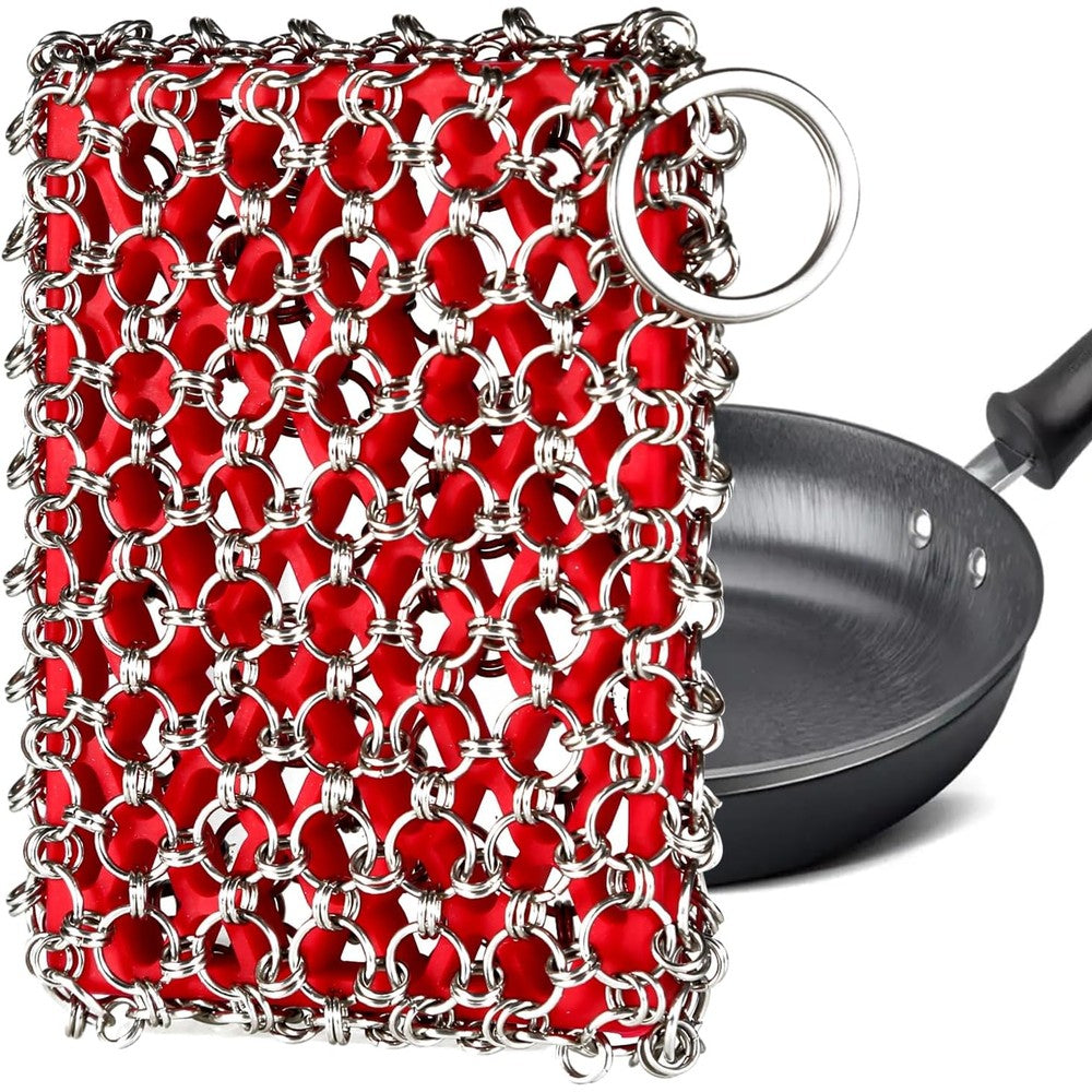 TEZZ Cast Iron Scrubber front view of chainmail mesh and silicone insert