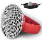 FORTATO cast iron cleaning brush front view featuring red heavy duty handle and premium chainmail scrubber