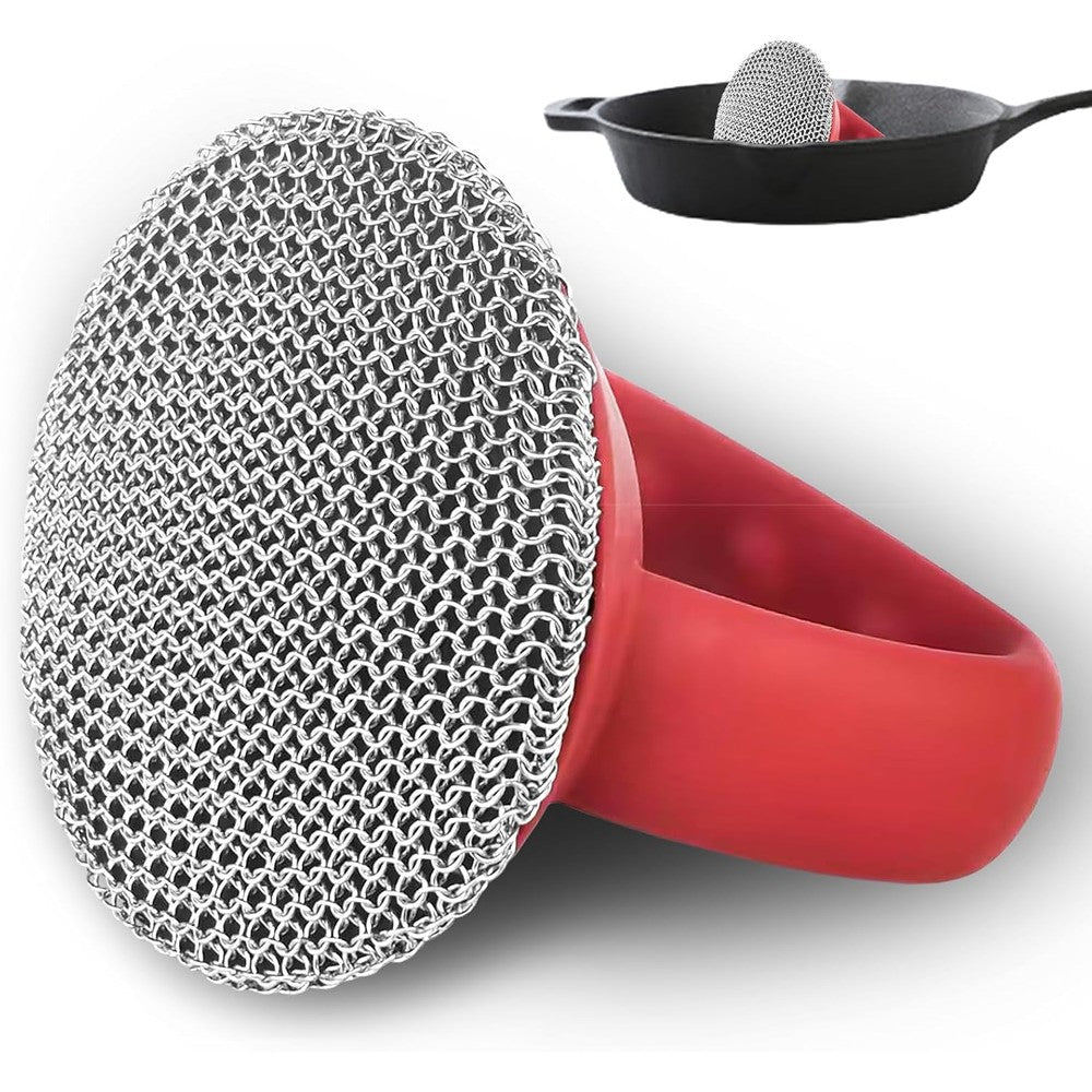 FORTATO cast iron cleaning brush front view featuring red heavy duty handle and premium chainmail scrubber