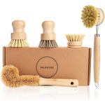 Valentise bamboo dish brush set five pack front view showing multiple wooden kitchen scrubbers arranged together.