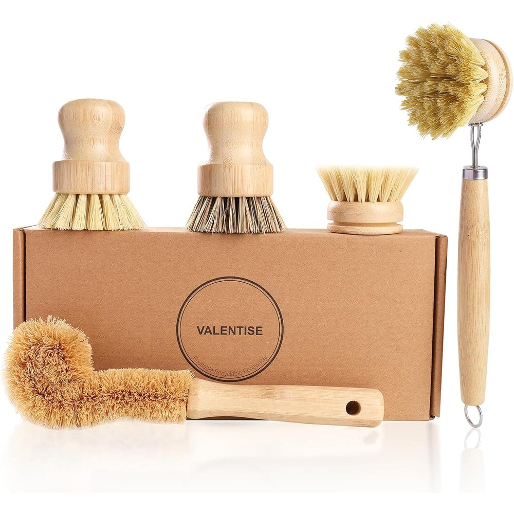 Valentise bamboo dish brush set five pack front view showing multiple wooden kitchen scrubbers arranged together.