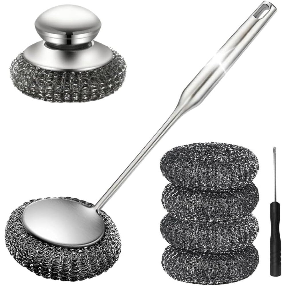 YedaHcy steel wool scrubber set front view showing long and short handles with replacement pads for heavy duty kitchen cleaning.