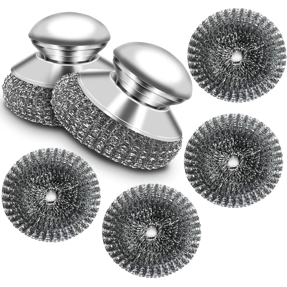Omeyo stainless steel wool scrubber with handle front view