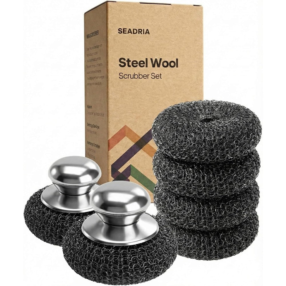 Seadria stainless steel wool scrubber with handle front view