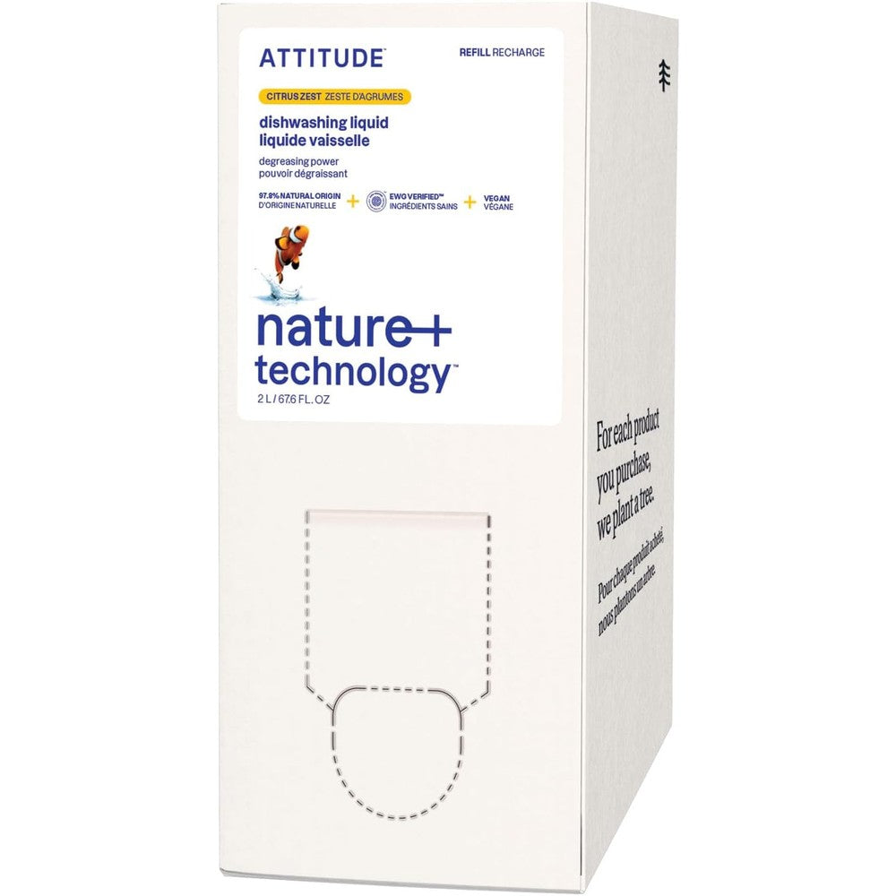 ATTITUDE Dish Soap Refill, EWG Verified, Plant-Based & Vegan Dishwashing Liquid, Naturally Derived, Citrus Zest Scent, 67.6 Fl Oz