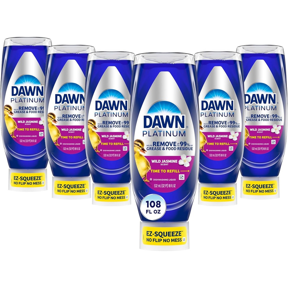Dawn Platinum EZ-Squeeze Dish Soap Liquid, Dishwashing Liquid, Grease Removal, Upside Down Bottle, Wild Jasmine, 6x18 Fl Oz Bundle