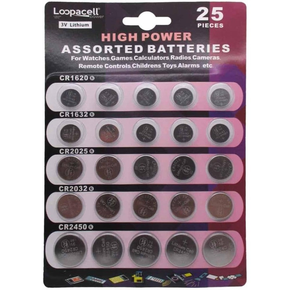 Loopacell High Power Button Cell 3V Lithium Assorted Battery CR2032 CR2025 CR2450 CR1620 CR1632, 25 Piece Set