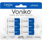 Voniko CR123A lithium batteries 6 pack front packaging view