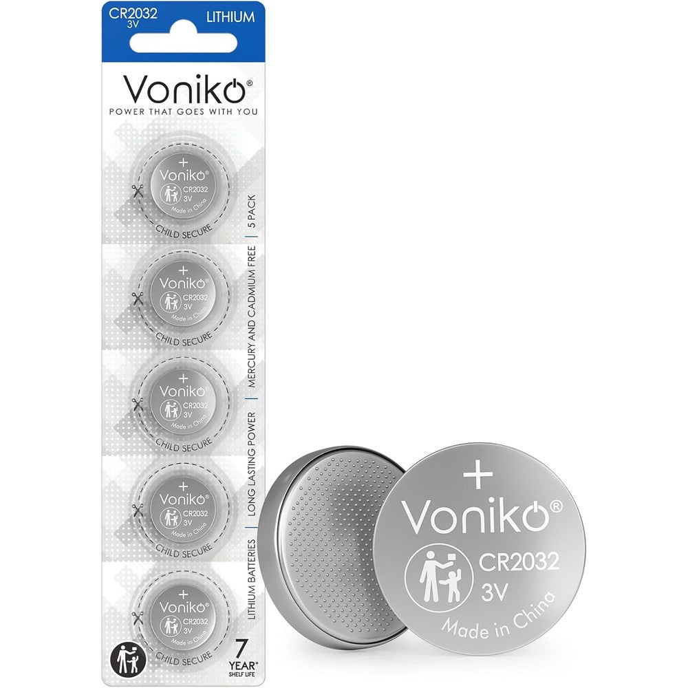 Voniko CR2032 3V Lithium Batteries 5 Pack for Child Safety, Compatible with AirTag, Key Fobs, Thermometers, Scales – 7 Years Shelf Life