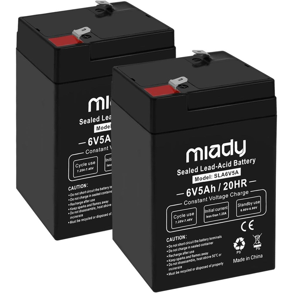 Miady 6V 5Ah rechargeable sealed lead acid battery front view showing F1 terminals